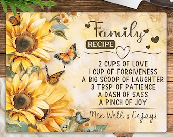 Sunflower Cutting Board Sublimation Design, Happy Family Recipe Chopping Board PNG, Rustic Floral Kitchen Decor Digital Download Template