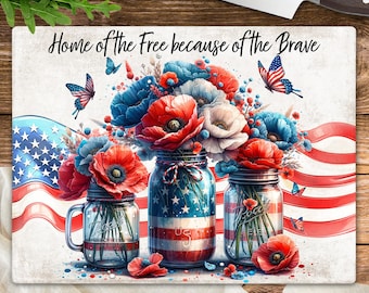 Floral Patriotic Cutting Board Sublimation Design, American Flag Chopping Board PNG, Memorial Day Kitchen Decor, Digital Download Template