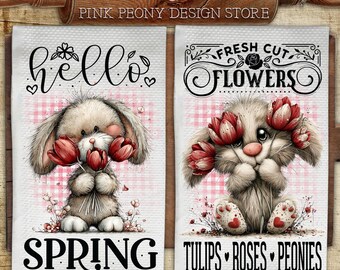 Spring Bunny Kitchen Towel Sublimation Design, Spring Quotes Tea Towel PNG Template, Cute Floral Bunny Print, DIY Gift Digital Download