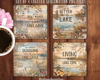 Lake Life Square Coaster Sublimation Design, Lake Lover Inspirational Quote PNG, Rustic Floral Lake Digital Download Print, Decor Template