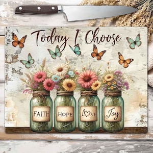 Schneidebrett-Design mit Blumenmuster (Sublimation), PNG-Datei mit den Motiven Glaube, Liebe, Hoffnung und Freude; rustikale Küchendekoration im floralen Stil (digitale Download-Vorlage)