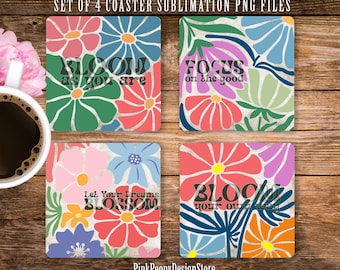 Boho Floral Square Coaster Sublimation Designs, Inspirational Quote Coaster PNG Template, Floral Coaster, Home Decor Print Digital Download