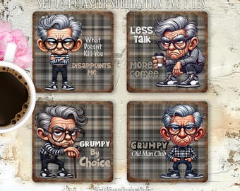 Grumpy Old Man Square Coaster Sublimation Design, Sarcastic Quote Coaster PNGs, Funny Father's Day Gift, Dad Life Digital Download Template
