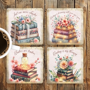 Floral Books Square Coaster Sublimation Design, Reading Quotes Coasters, Book Lover Coaster Design PNG, Digital Download, Book Coaster Set