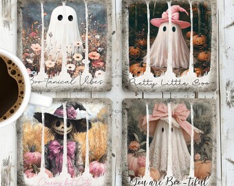 Design en sublimation de sous-verre carré Halloween effrayant, coup de pinceau fantômes sous-bock PNG, modèle fantôme mignon, goule automne bricolage téléchargement numérique