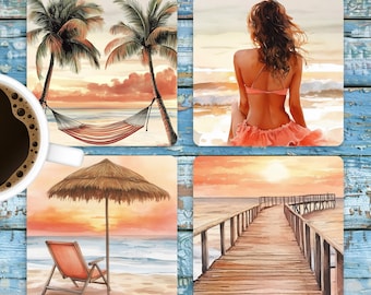 Summer Vibes Square Coaster Sublimation Designs, Summer Coaster PNG Template, 4x4 Coral Beach Coaster Set, Home Decor Print Digital Download