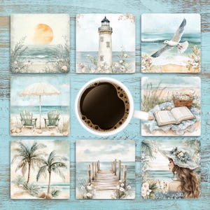 May include: A collection of nine square coasters with coastal watercolor designs. The coasters feature beach scenes with a lighthouse, seagulls, palm trees, and beach chairs. A cup of coffee sits in the center. The coasters are arranged on a light blue, weathered wood surface.