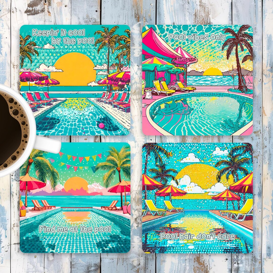 Pool Coasters Summer Pool Square Coaster Sublimation Designs, Pool Quote Coaster PNG ...