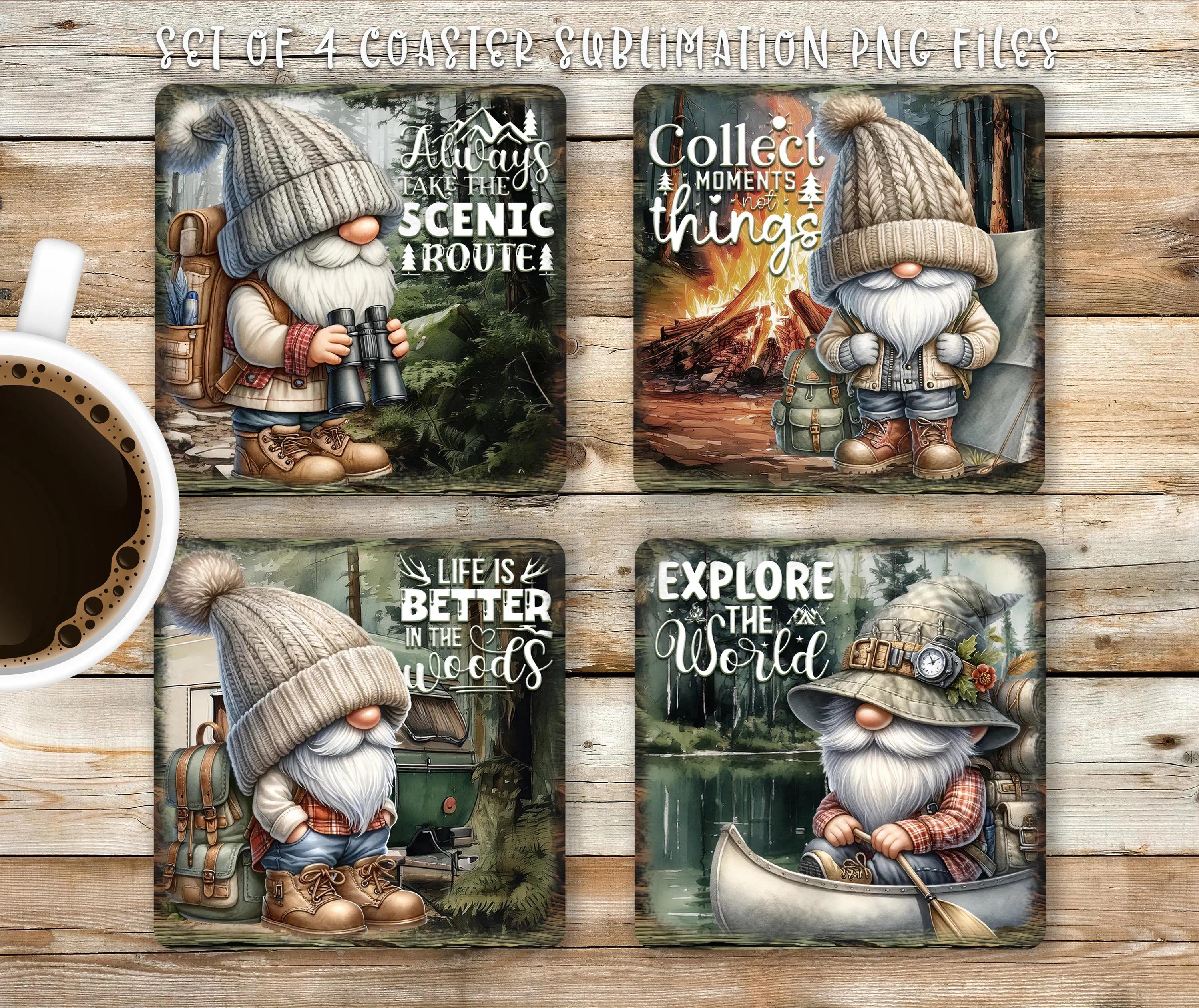 Camper Gnome Square Coaster Sublimation Design, Adventure Lover Quote Coaster PNG Template, Mountain Hike Coaster, DIY Digital Download