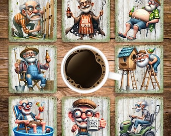 Funny Quirky Backyard Grandpa Square Coaster Sublimation Design, Grumpy Grandpa Coaster PNG, Humorous Family Gift Digital Download Template