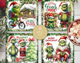 Green Christmas Gnome Square Coaster Sublimation Design, Christmas Coaster 4x4 PNG File, Funny Green Gnome Coaster Digital Download Template