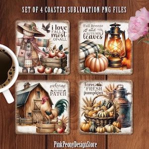 May include: Set of four square coasters with fall-themed designs. One coaster features a scarecrow, another a pumpkin and lantern, a third a rooster and barn, and the last a basket of pumpkins. Text includes "I love fall most of all".