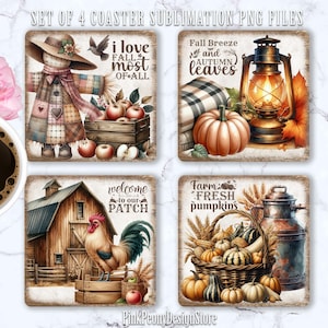 May include: Set of four square coasters with autumn-themed designs. One coaster features a scarecrow, another a pumpkin and lantern, a third a rooster and barn, and the last a basket of pumpkins. Each coaster has text.