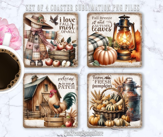 Autumn/Fall Square Coaster Sublimation Design, Harvest Season Quote Coaster PNG Template, Farm Life Print, Countryside Digital Download Gift