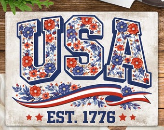 USA Patriot Cutting Board Sublimation PNG, Floral 4th of July Print File