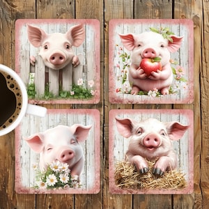 Diseño de sublimación de posavasos cuadrados con lindo cerdo, plantilla PNG de juego de posavasos de 4 x 4 con cerdo sonriente, impresión de decoración del hogar con lindo cerdito, descarga digital