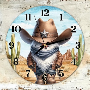 Cowboy Gnome Clock Sublimation Design, Western Gnome Clock Face PNG, Rustic Gnome Wall Decor Digital Download Template, DIY Clock