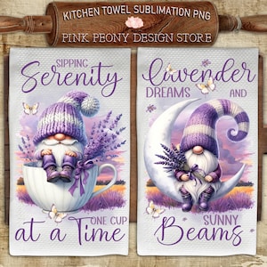 Lavender Gnome Kitchen Towel Sublimation Design, Coffee Quote Tea Towel PNG Template, Spring Vibes Floral Print, DIY Gift Digital Download