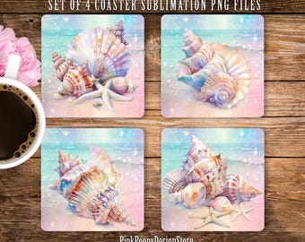 Seashell Square Coaster Sublimation Design, Pastel Aura Sealife Coaster PNG Template, Sea Lover Home Decor Digital Download, DIY Gift Idea