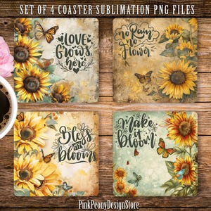 Sunflower Square Coaster Sublimation Design, Floral Inspirational Coaster PNG, Mindfulness Print, Digital Download, DIY Home Decor Template
