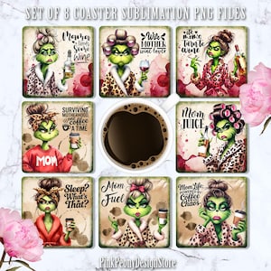 Zabawny projekt kwadratowej podstawki „Życie mamy” z nadrukiem sublimacyjnym, podkładka z cytatem sarkastycznym w formacie PNG, szablon cyfrowego pobierania zielonego krasnala, prezent dla miłośnika wina i kawy