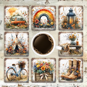 Boho Spring Square Coaster Set Sublimation Designs, Rustic Spring Floral 4x4 Coaster PNG Template, Hippy Spring Coasters Digital Download