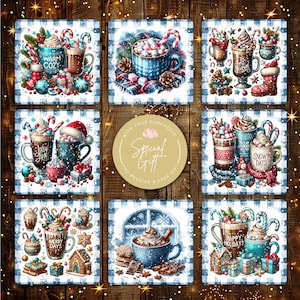 Kwadratowe podstawki z gorącą czekoladą do sublimacji, podkładki 4x4, PNG, podstawki z gorącą czekoladą do świątecznych ozdób, pobieranie cyfrowe