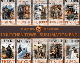 Halloween Kitchen Towel Sublimation Design Bundle, Halloween Quote Tea Towel PNG Template, Spooky PNG, Witch Kitchen Decor Digital Download