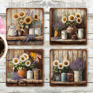 Sunflower Square Coaster Sublimation Design, Rustic Floral Coaster PNG, Lavender & Sunflowers Print, Digital Download, DIY Decor Template