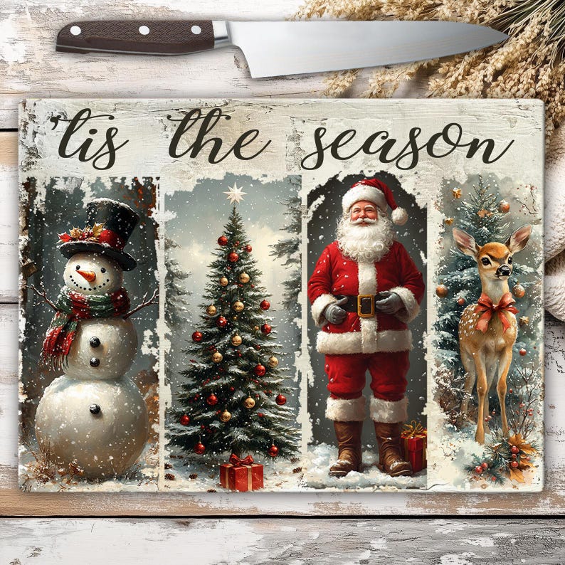 May include: A rectangular cutting board with a festive Christmas design. The board features a snowman, Christmas tree, Santa Claus, and a deer, with the text "'Tis the season". A knife rests above the board.