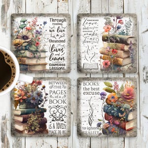 Floral Books Square Coaster Sublimation Design, Reading Quotes Coasters, Book Lover Coaster Design PNG, Digital Download, Book Coaster Set
