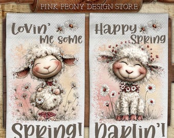 Funny Spring Sheep Kitchen Towel PNG, Farmhouse Animal Towel Sublimation Design, Digital Download