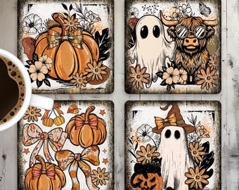Design en sublimation de sous-verre carré fantômes rétro automne, sous-verre d'Halloween PNG, modèle de sous-verre floral fantôme, goule automne bricolage téléchargement numérique