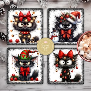 May include: Set of four black cat coasters with different Christmas themes. Each coaster features a black cat with a different festive accessory, including a red bow, a Santa hat, a snowman, and an elf hat. The coasters are square and have a white background with black borders.