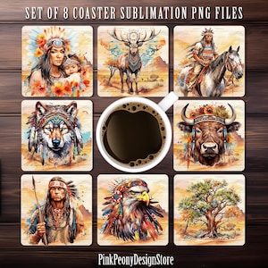 Puede incluir: Conjunto de ocho archivos PNG de sublimación con diseños de temática nativa americana. Los diseños incluyen un lobo, un ciervo, un toro, un águila, un árbol, una mujer con un niño, un hombre con una lanza y un hombre montando un caballo. Los diseños están todos en estilo acuarela y tienen un fondo rústico.
