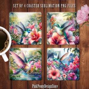 May include: Set of four square coasters featuring vibrant watercolor illustrations of hummingbirds in tropical settings. Each coaster showcases a different hummingbird with colorful flowers and lush foliage.