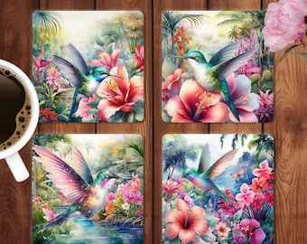 Hummingbird Square Coaster Sublimation Design, Tropical Flower Coasters PNG, Tropical Bird Design Digital Download, DIY Home Decor Templates