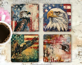 Plantilla de sublimación de posavasos con bandera estadounidense y águila PNG, diseño de posavasos cuadrados rústicos patrióticos de 4 x 4, idea de regalo DIY, descarga digital
