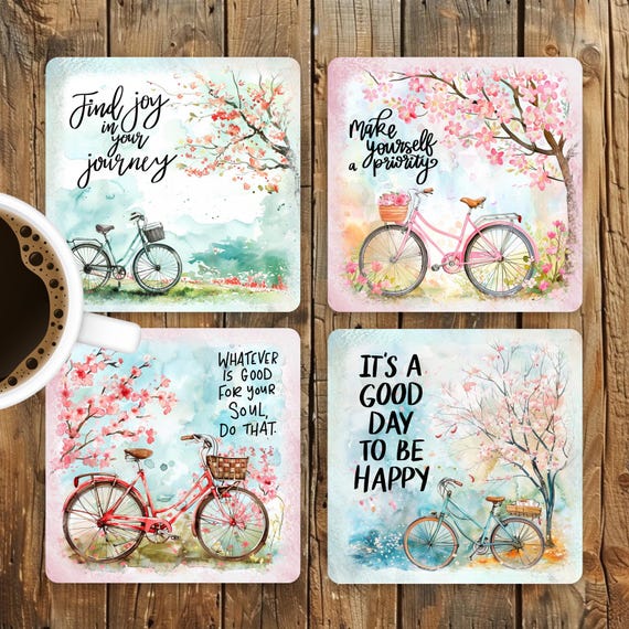 Spring Bicycle Square Coaster Sublimation Design, 4x4 Spring Quotes Coaster PNG Template, Spring Home Decor Digital Download, DIY Gift Idea