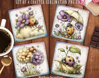 Whimsical Ladybug Coaster Sublimation PNG, Rustic Spring Floral Print File (Digital Download)