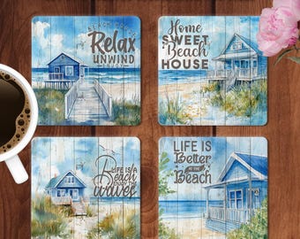 Beach House Square Coaster Sublimation Designs, Beach Quote Coaster PNG Template, Summer Vibes Coaster, Home Decor Print Digital Download