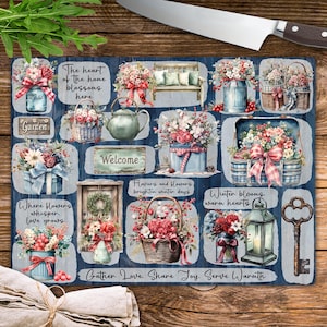 Puede incluir: Tabla de cortar decorativa con fondo azul que presenta arreglos florales en varios recipientes. El texto incluye "Garden", "Welcome" y frases sobre flores y calidez. Un cuchillo descansa en la parte superior.