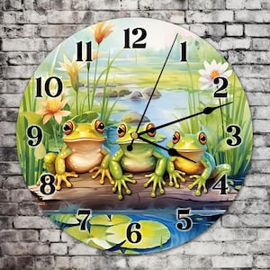 May include: A round clock with a green, blue, and yellow background. The clock face has Roman numerals and three frogs sitting on a log. The frogs are green with yellow bellies.
