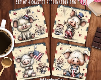 Patriotic Piglet Coaster Sublimation PNG, Whimsical 4th of July Print File