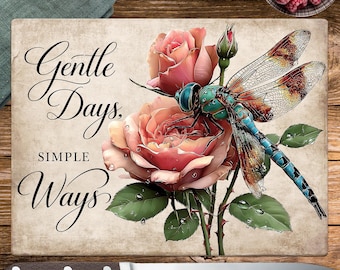 Whimsical Dragonfly Cutting Board Sublimation PNG, Spring Roses Print File (Digital Download)