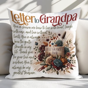 Diseño de sublimación de almohada con carta floral para el abuelo, plantilla de almohada para el Día del Padre, almohada PNG de agradecimiento, decoración del hogar DIY, descarga digital