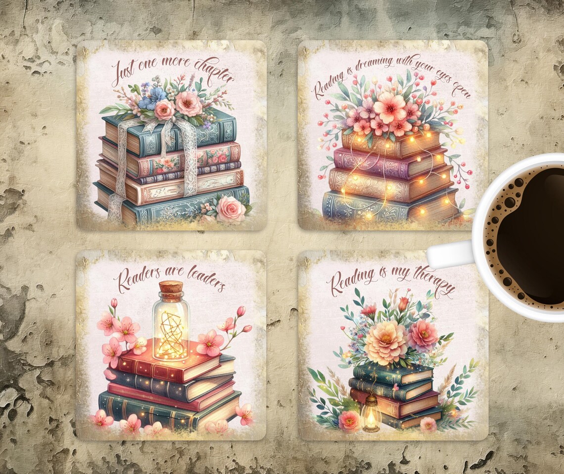 Floral Books Square Coaster Sublimation Design, Reading Quotes Coasters ...