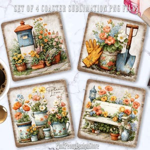 Puede incluir: Juego de cuatro posavasos cuadrados con diseños florales. Cada posavasos presenta una escena de jardín diferente, que incluye un buzón, herramientas de jardinería y un banco, todo rodeado de flores coloridas. El texto "Plant Love" está en un posavasos. El texto "Set of 4 Coaster Sublimation PNG Files" está en la parte superior.