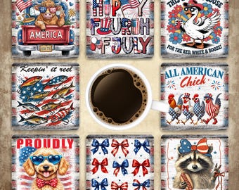Diseño de sublimación de posavasos cuadrados del 4 de julio, posavasos patrióticos PNG, impresión de animales patrióticos, plantilla de descarga digital, idea de regalo para EE. UU.