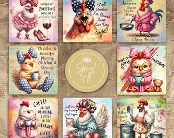 Funny Chicken Square Coaster Sublimation Design, Funny Rooster Quote 4x4 Coaster PNG, Cute Farmhouse Chick Sayings Digital Download Template
